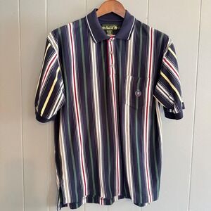 KNIGHTS OF ROUND TABLE Polo Shirt L Vintage 90s Vertical Stripe Preppy Retro